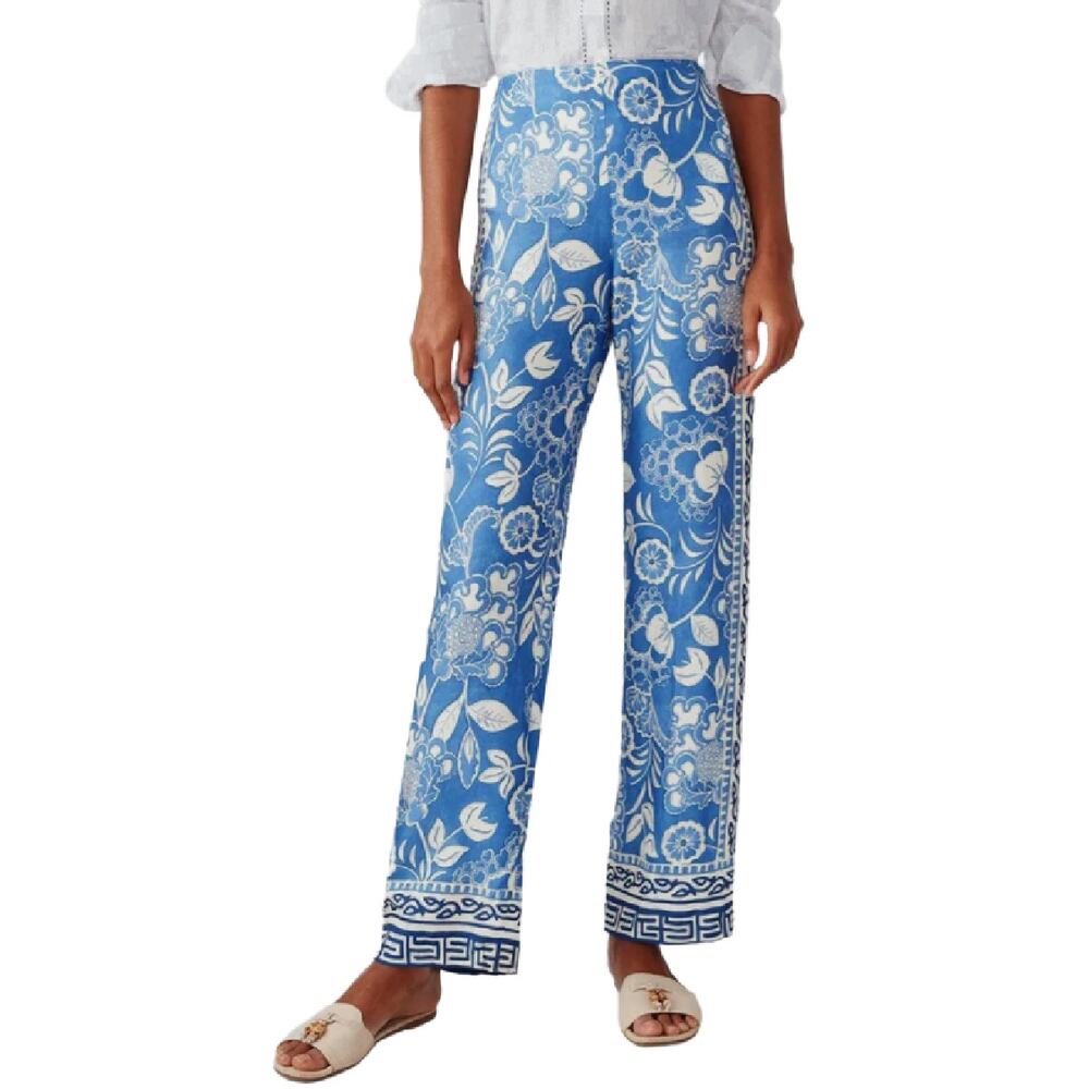 J McLaughlin Carter Pant Blue Navy Terrace Silk Blend Floral Wide Leg Size 14